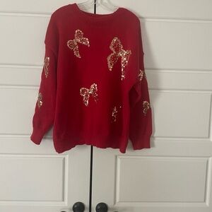 SHEIN Red Sweater with Gold Sequin Bows